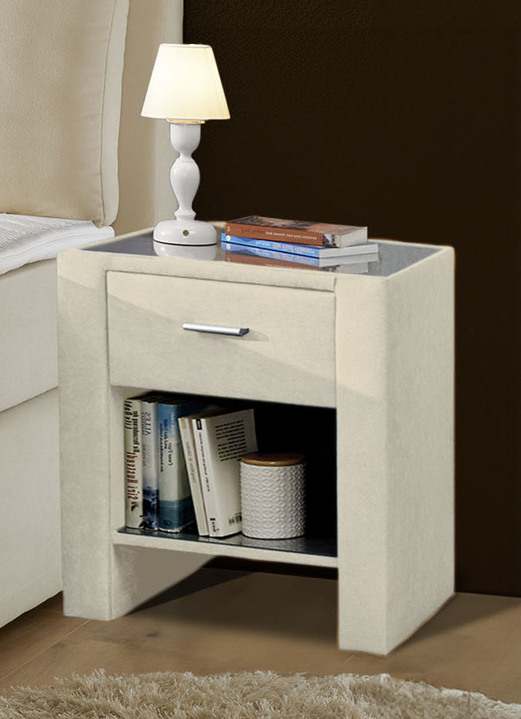 Nachttische - Nachttisch mit Strukturstoff und Glasplatte, in Farbe CREME Ansicht 1