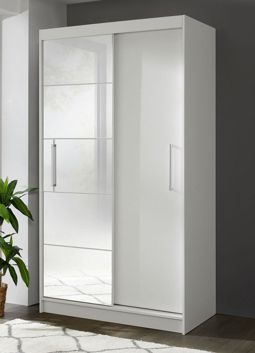 Schlafzimmerschränke - Durchdachter Schwebetürenschrank mit Spiegelfront, in Farbe WEISS Ansicht 1
