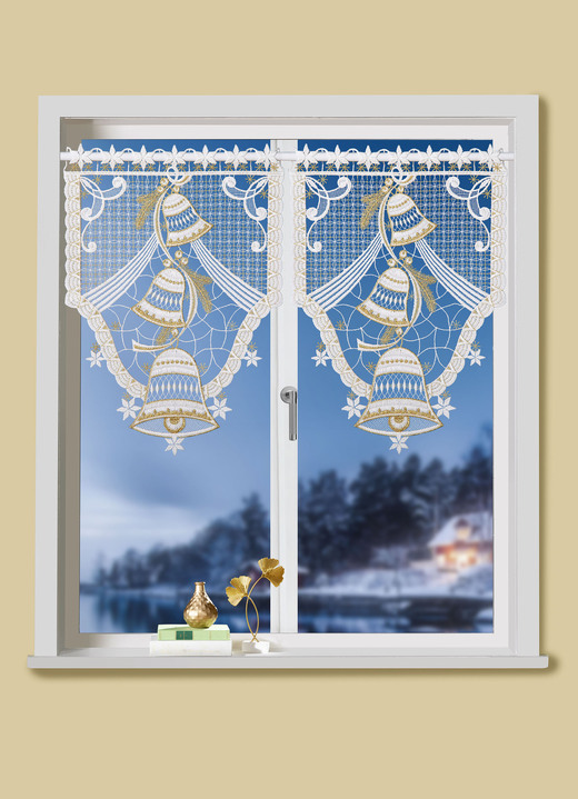 Plauener Spitze - Scheibenhänger aus echter Plauener Spitze, in Farbe WEISS-GOLD