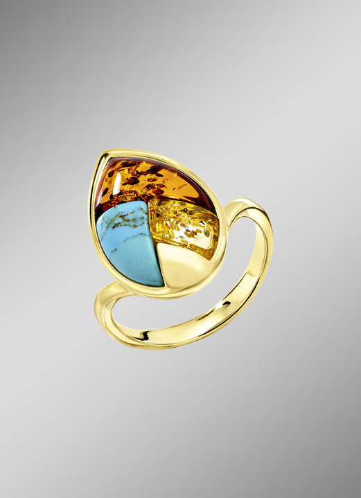 Ringe - Edler Damenring mit Bernstein und Türkis, in Größe 160 bis 220, in Farbe  Ansicht 1