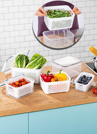 Schüsseln & Behälter - Frischhaltedosen-Set, 12-teilig, mit Abtropfkorb – Farbe TRANSPARENT – Ansicht  Schüsseln & Behälter - Frischhaltedosen-Set, 12-teilig, mit Abtropfkorb, in Farbe TRANSPARENT – Farbe TRANSPARENT – Ansicht