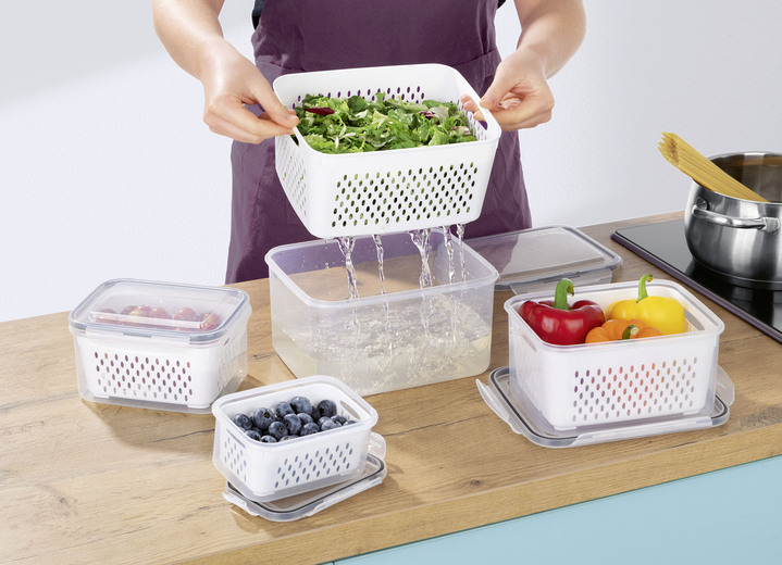 Schüsseln & Behälter - Frischhaltedosen-Set, 12-teilig, mit Abtropfkorb Ansicht 2 Schüsseln & Behälter - Frischhaltedosen-Set, 12-teilig, mit Abtropfkorb, in Farbe TRANSPARENT Ansicht 2