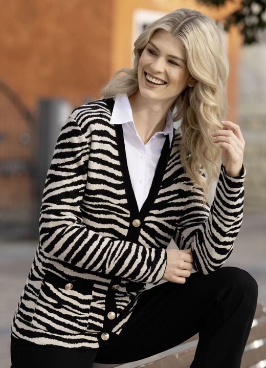 Strickjacken - Strickjacke in Jacquard-Dessin, in Größe 038 bis 054, in Farbe SCHWARZ-BEIGE MELIERT Ansicht 2