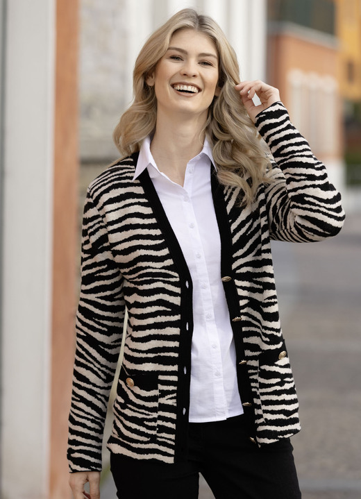 Strickjacken - Strickjacke in Jacquard-Dessin, in Größe 038 bis 054, in Farbe SCHWARZ-BEIGE MELIERT Ansicht 3