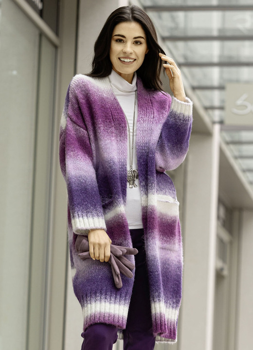 Strickjacken - Strickmantel aus flauschigem Effektgarn, in Größe L(44/46) bis XS(32/34), in Farbe LILA-BEERE-ECRU Ansicht 5