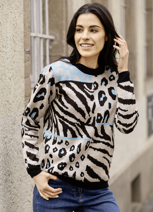 Langarm - Pullover in Jacquard-Dessin, in Größe L(44/46) bis XS(32/34), in Farbe SCHWARZ-BEIGE-HELLBLAU