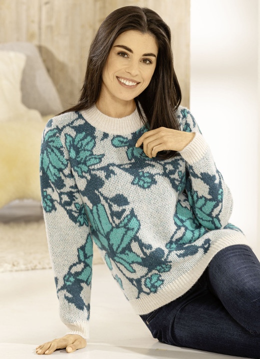 Langarm - Pullover in Jacquard-Dessin, in Größe 036 bis 050, in Farbe CREME-PETROL-AQUA Ansicht 3