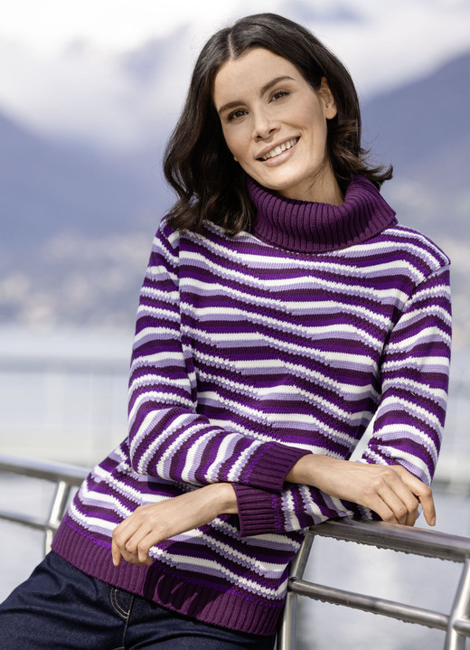 Langarm - Pullover in Strukturmix, in Größe L(44/46) bis XXL(52/54), in Farbe LILA-ECRU-MULTICOLOR