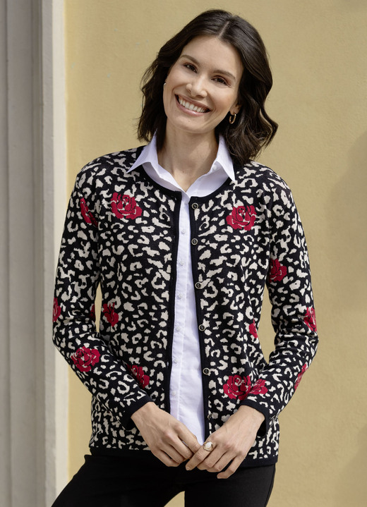 Strickjacken - Strickjacke in Jacquard-Dessin, in Größe 036 bis 052, in Farbe SCHWARZ-BEIGE-ROT Ansicht 3