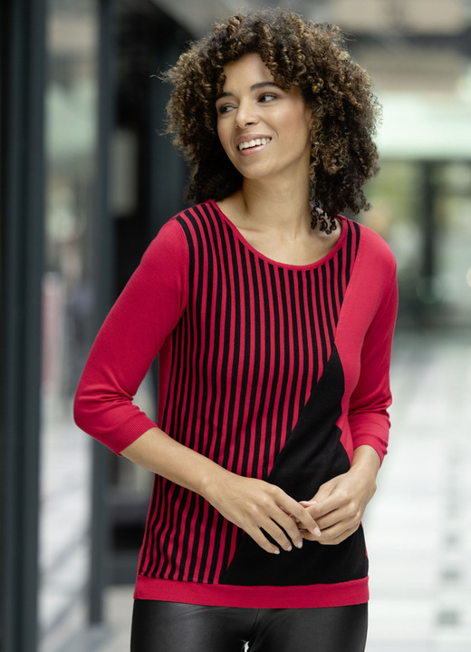 3/4-Arm - Pullover in weich fließendem Feinstrick, in Größe 036 bis 052, in Farbe ROT-SCHWARZ Ansicht 2