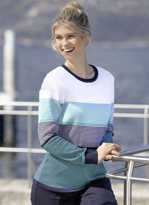 Langarm - Pullover mit Streifen rundum Langarm - Pullover mit Streifen rundum, in Größe 036 bis 050, in Farbe MARINE-TÜRKIS-WEISS