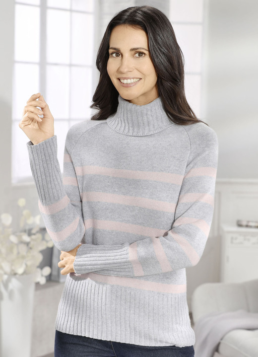 Langarm - Pullover mit Kaschmir  Langarm - Pullover mit Kaschmir , in Größe 036 bis 052, in Farbe GRAU MELIERT-ROSÉ