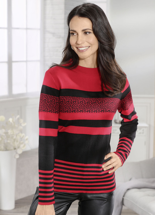 Langarm - Pullover in Streifen-Mustermix, in Größe L(44/46) bis XXL(52/54), in Farbe ROT-SCHWARZ Ansicht 2