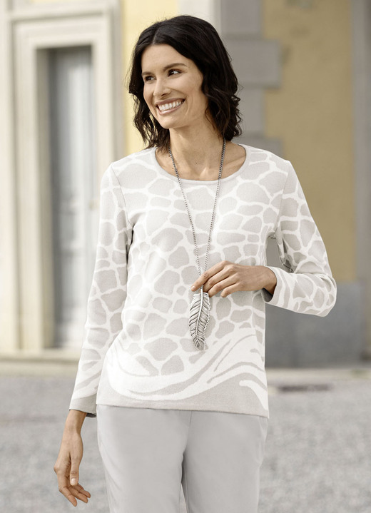 Langarm - Pullover in Jacquard-Dessin Langarm - Pullover in Jacquard-Dessin, in Größe 036 bis 052, in Farbe HELLGRAU-WEISS
