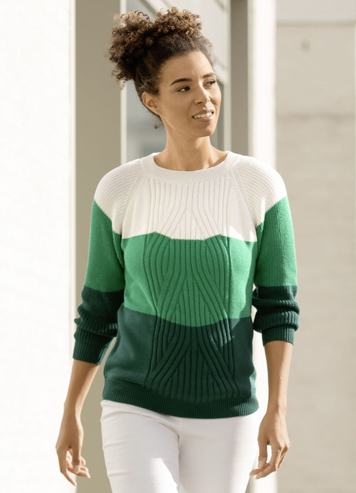 Langarm - Pullover in Color-Blocking, in Größe L(44/46) bis XXL(52/54), in Farbe ECRU-GRÜN-DUNKELGRÜN Ansicht 2