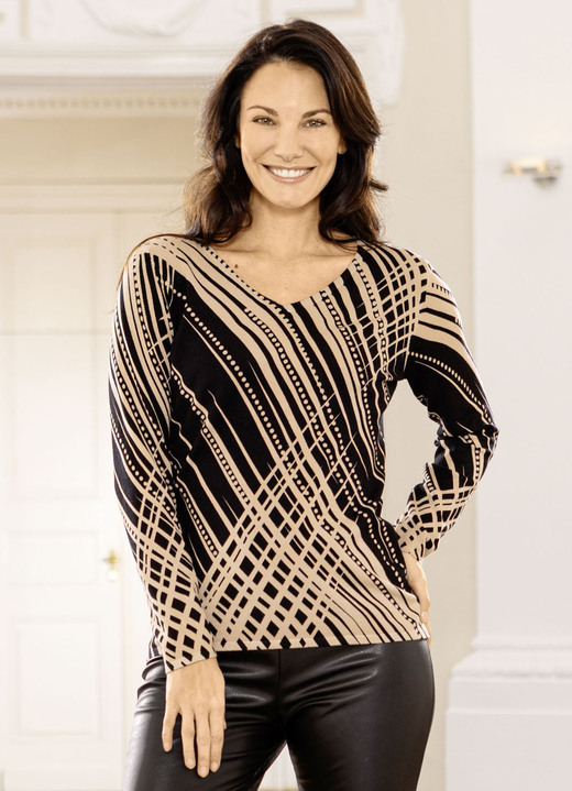 Langarm - Pullover in Feinstrick, in Größe L(44/46) bis XXL(52/54), in Farbe SCHWARZ-BEIGE Ansicht 1