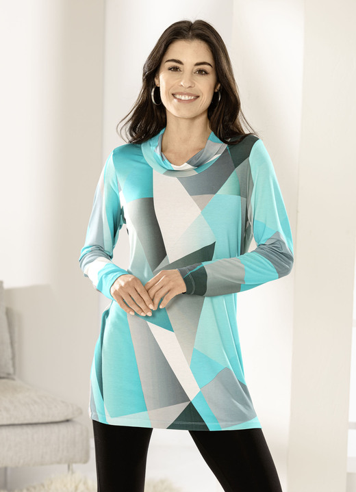 Langarm - Longshirt mit legerem Rollkragen, in Größe 036 bis 052, in Farbe EISBLAU-ECRU-GRAU Ansicht 3