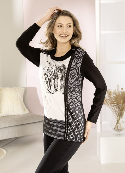 Langarm - Shirt mit plaziertem Foliendruck, in Größe 036 bis 052, in Farbe SCHWARZ-ECRU Ansicht 2