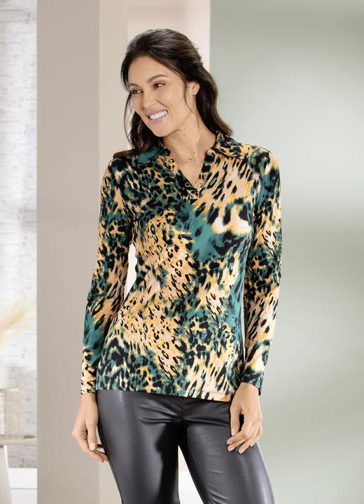 Shirts - Poloshirt mit Zierknöpfen am V-Ausschnitt, in Größe 038 bis 054, in Farbe MESSING-GRÜN-SCHWARZ Ansicht 3