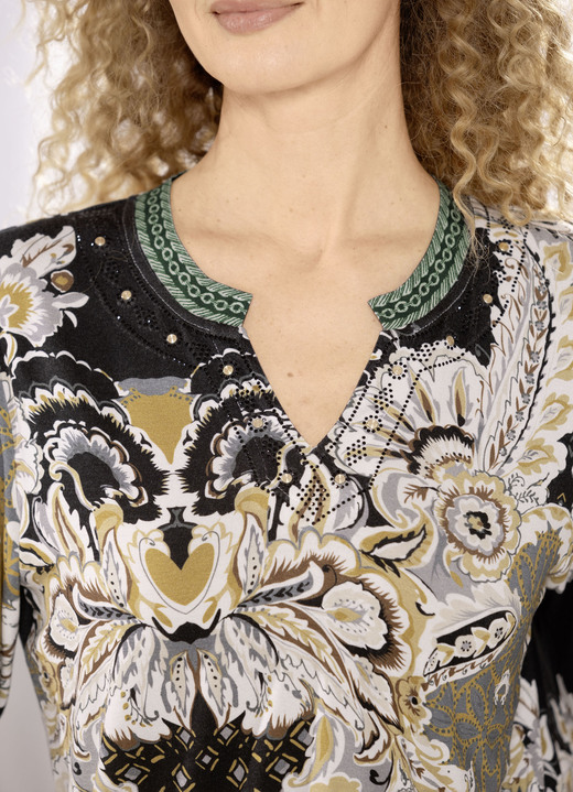 Langarm - Shirt mit Kontrastblende am Halsausschnitt, in Größe L (44/46) bis XXL (52/54), in Farbe SCHWARZ-MESSING Ansicht 2