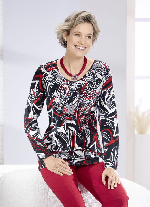 Langarm - Shirt mit abgerundetem V-Ausschnitt Langarm - Shirt mit abgerundetem V-Ausschnitt , in Größe 038 bis 054, in Farbe SCHWARZ-ROT-ECRU