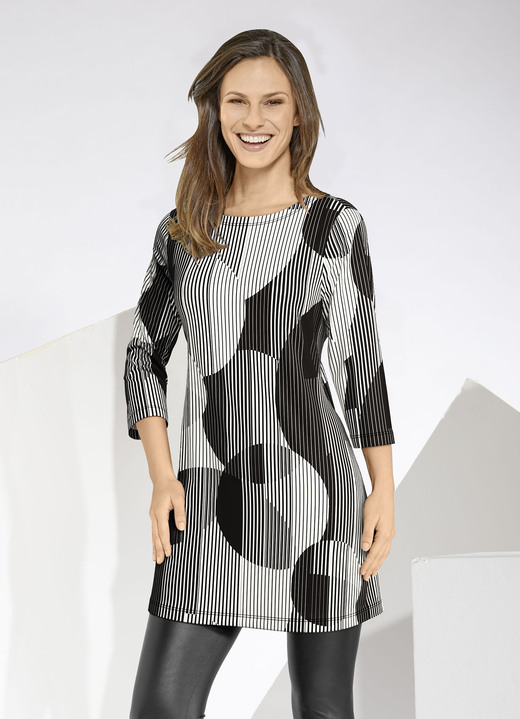 3/4-Arm - Longshirt mit farbbrillantem Allover-Druck, in Größe 038 bis 050, in Farbe SCHWARZ-WEISS