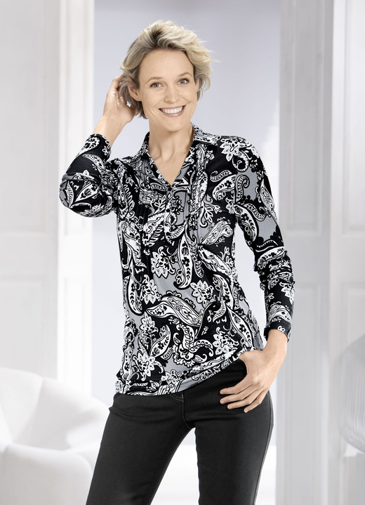 Langarm - Poloshirt mit Biesenverarbeitung in 2 Farben, in Größe 036 bis 054, in Farbe SCHWARZ-WEISS Ansicht 2