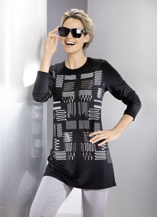 Langarm - Longshirt mit kontrastfarbenem Druck Langarm - Longshirt mit kontrastfarbenem Druck, in Größe 038 bis 054, in Farbe SCHWARZ