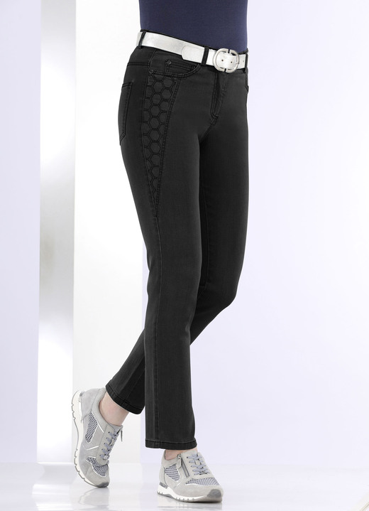 Hosen mit Knopf- und Reißverschluss - Jeans mit schöner Stickerei, in Größe 018 bis 052, in Farbe SCHWARZ Ansicht 3