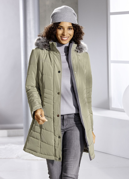 Winterjacken - Longjacke mit abnehmbarem Kunstpelz-Besatz, in Größe 038 bis 054, in Farbe HELLGRÜN Ansicht 2