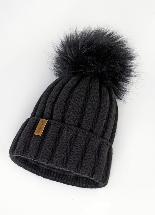 Mützen & Hüte - Trendige Damen-Mütze mit breitem Umschlag und Kunstfell-Bommel, in Farbe SCHWARZ Ansicht 1