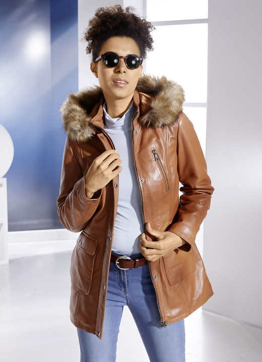 Lederjacken - Lederjacke mit Webpelzbesatz, in Größe 036 bis 050, in Farbe ANTIK COGNAC Ansicht 3