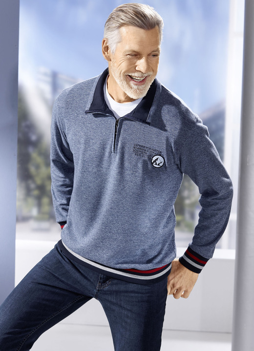 Sweatshirts - Troyer mit Druck im Vorderteil, in Größe 046 bis 064, in Farbe BLAU MELIERT Ansicht 2