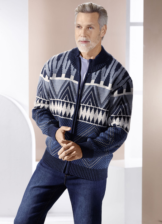 Strickjacken - Jacke mit Jacquarddessin, in Größe 3XL(64/66) bis XXL(60/62), in Farbe MARINE-ECRU-BLAU Ansicht 3