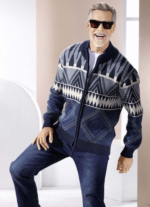 Strickjacken - Jacke mit Jacquarddessin, in Größe 3XL(64/66) bis XXL(60/62), in Farbe MARINE-ECRU-BLAU Ansicht 2