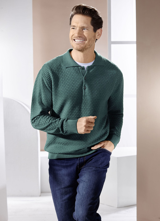 Uni - Polopullover mit kurzer Knopfleiste in 3 Farben Ansicht 2 Uni - Polopullover mit kurzer Knopfleiste in 3 Farben, in Größe 3XL(64/66) bis XXL(60/62), in Farbe BLAU Ansicht 2