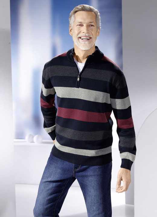 Gemustert - Gestreifter Troyer mit Stehkragen in 2 Farben, in Größe 3XL(64/66) bis XXL(60/62), in Farbe MARINE-GRAU-BORDEAUX Ansicht 3