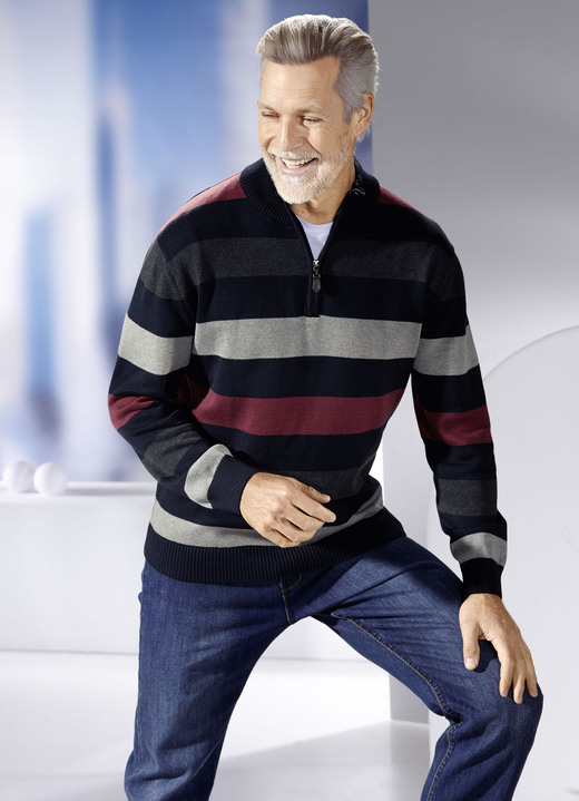 Gemustert - Gestreifter Troyer mit Stehkragen in 2 Farben, in Größe 3XL(64/66) bis XXL(60/62), in Farbe MARINE-GRAU-BORDEAUX Ansicht 2