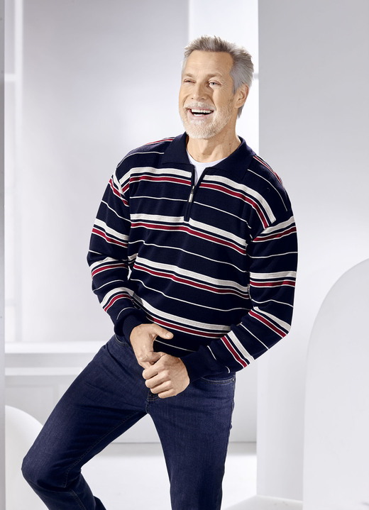 Gemustert - Polopullover mit kurzem Reißverschluss in 2 Farben, in Größe 046 bis 062, in Farbe MARINE Ansicht 2