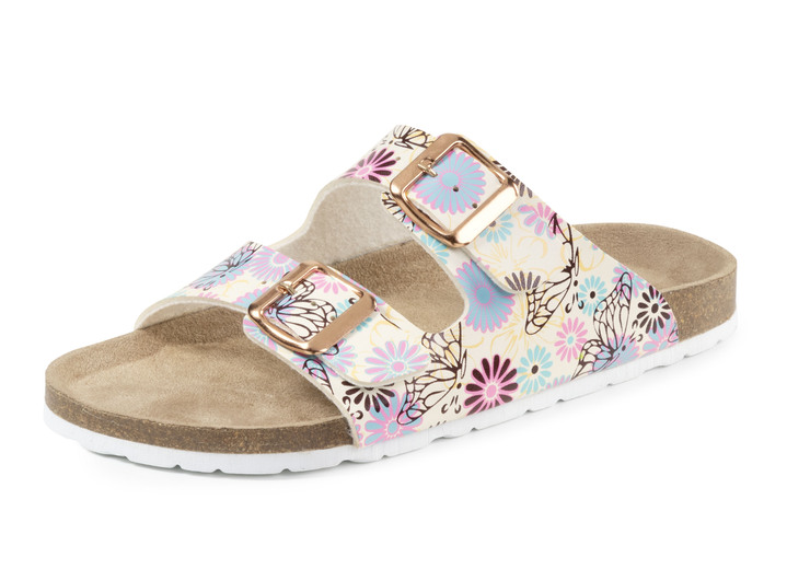 - Pantolette in verspielt bedrucktem Dessin, in Größe 036 bis 042, in Farbe ECRU-BUNT Ansicht 1