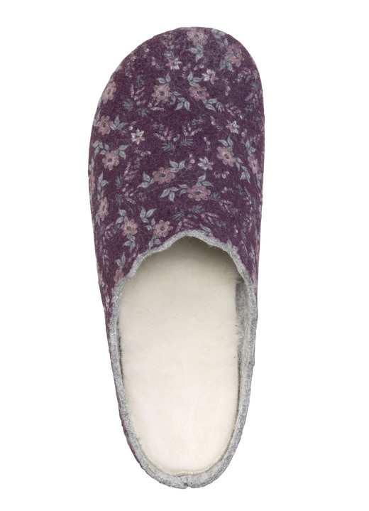 Hausschuhe - Laurina Pantoffel aus floral bedrucktem Filzmaterial, in Größe 036 bis 042, in Farbe AUBERGINE Ansicht 2