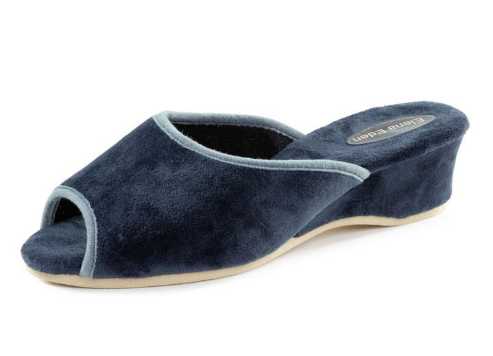 Damenmode - ELENA EDEN Samt-Pantolette mit Kontrast-Einfassung, in Größe 035 bis 041, in Farbe BLAU Ansicht 1