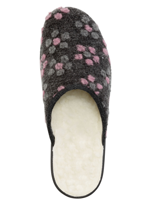 Hausschuhe - Pantoffel mit Blüten-Dessin Ansicht 2 Hausschuhe - Pantoffel mit Blüten-Dessin, in Größe 036 bis 042, in Farbe ANTHRAZIT-ROSA Ansicht 2