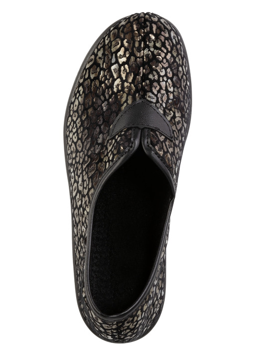 Hausschuhe - Hausschuh aus bedrucktem Samt in Leo-Muster, in Größe 036 bis 042, in Farbe SCHWARZ-BRONZE Ansicht 2