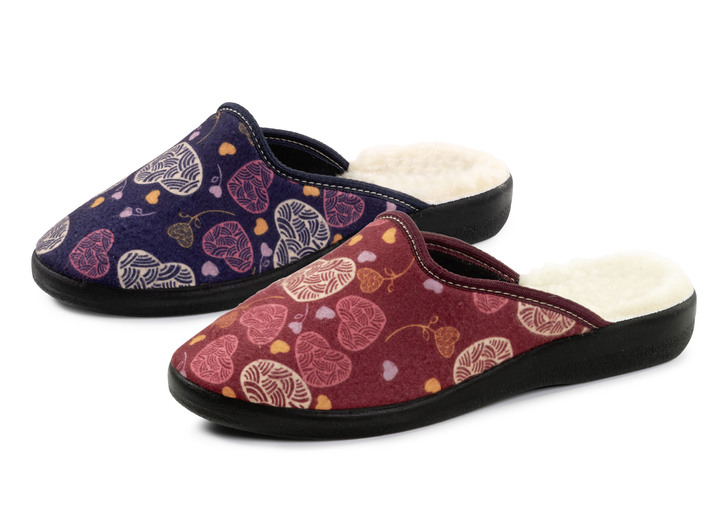 Damenmode - Zweierpack, gefütterte Damen-Hausschuhe, Weite H, mit Textildruck, in Größe 036 bis 042, in Farbe 1X BORDEAUX, 1X MARINE Ansicht 1