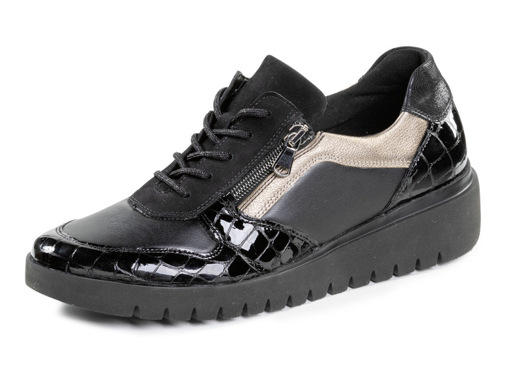 Damenmode - Schnür-Sneaker aus Nappaleder , in Größe 035 bis 080, in Farbe SCHWARZ-ALTGOLD Ansicht 1