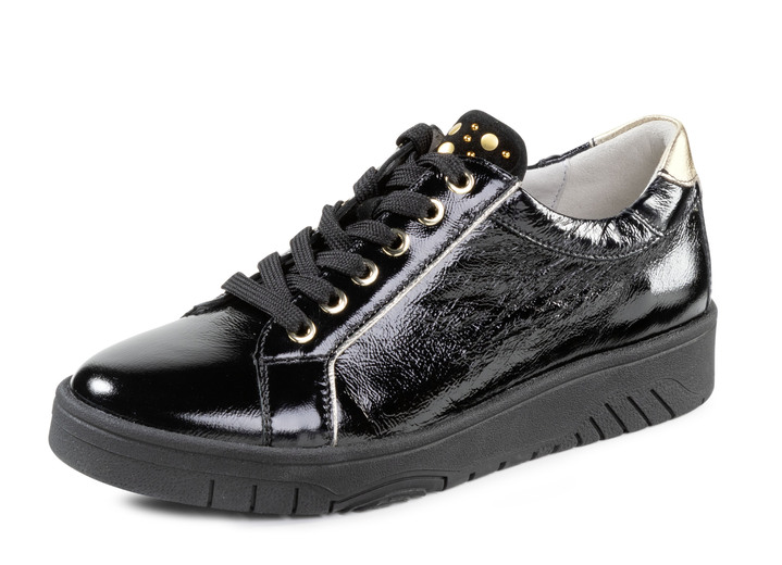 Slipper & Schnürschuhe - Waldläufer Schnürschuh aus weichem Knautschlackleder, in Größe 3 1/2 bis 8, in Farbe SCHWARZ-GOLD Ansicht 1