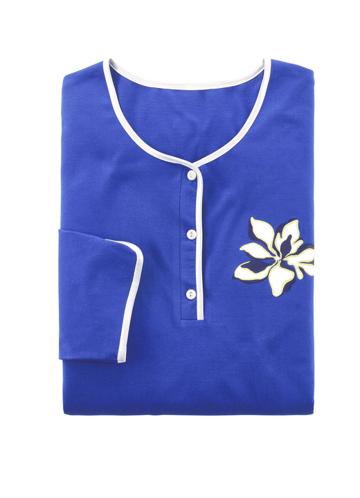 Langarm - Zweierpack Nachthemden, uni und allover dessiniert mit Knopfleiste Ansicht 2 Langarm - Zweierpack Nachthemden, uni und allover dessiniert mit Knopfleiste, in Größe 038 bis 056, in Farbe 1X ROYALBLAU, 1X WEISS-BUNT Ansicht 2