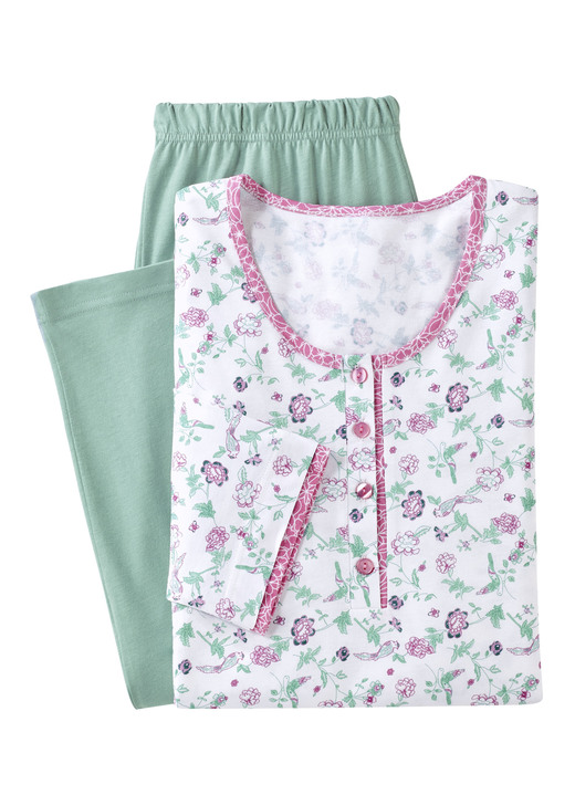 Schlafanzüge & Shortys - Schlafanzug mit Alloverdessin und Knopfleiste Ansicht 2 Schlafanzüge & Shortys - Schlafanzug mit Alloverdessin und Knopfleiste, in Größe 036 bis 052, in Farbe WEISS-ROSA-JADE Ansicht 2