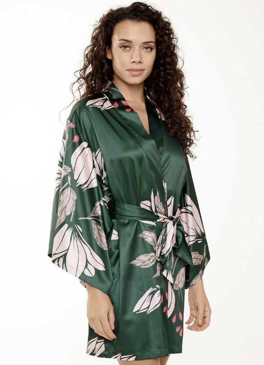 Hausmäntel - LingaDore Hausmantel in Kimonoform mit buntem Druckdessin, in Größe L (42) bis XXL (44), in Farbe DUNKELGRÜN-ROSÉ-BUNT Ansicht 6